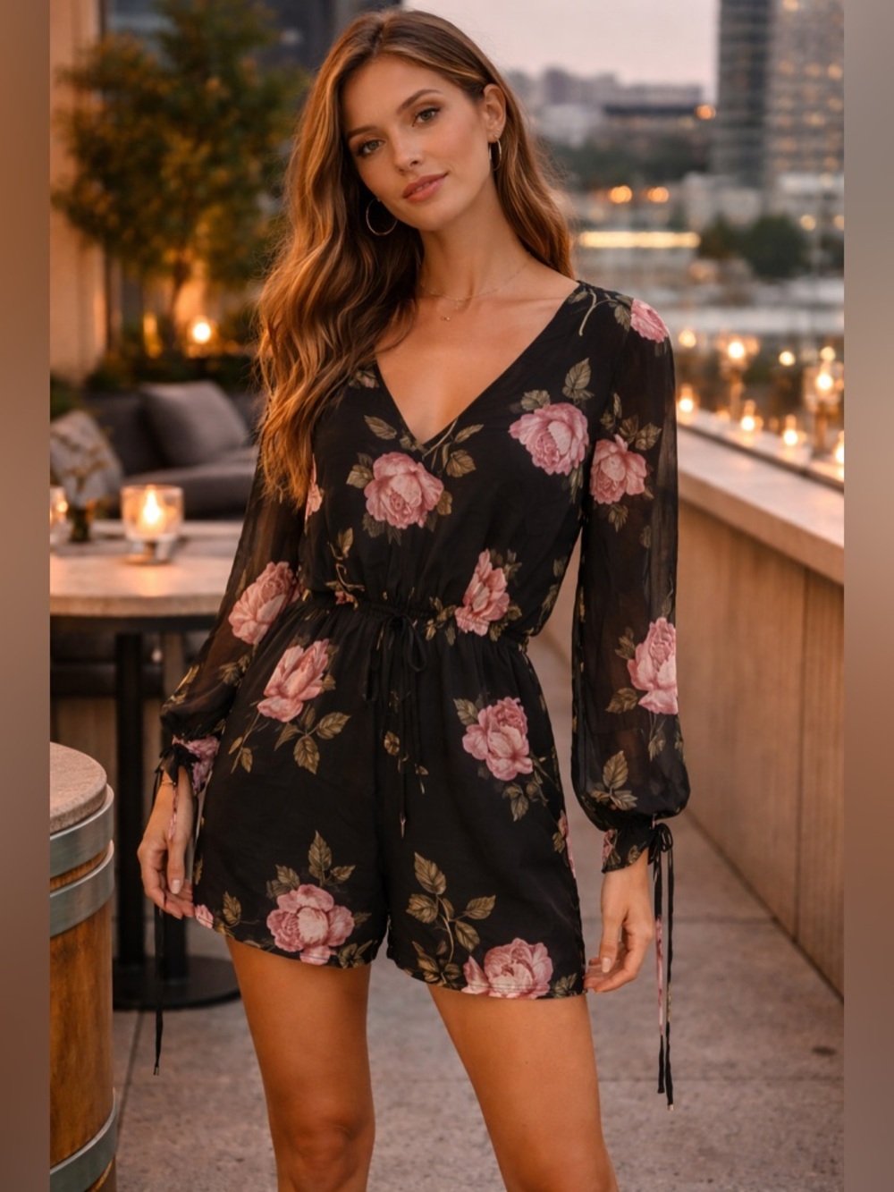 Dynamite Black Floral Rose Print Sheer Long Sleeve Romper Size Small